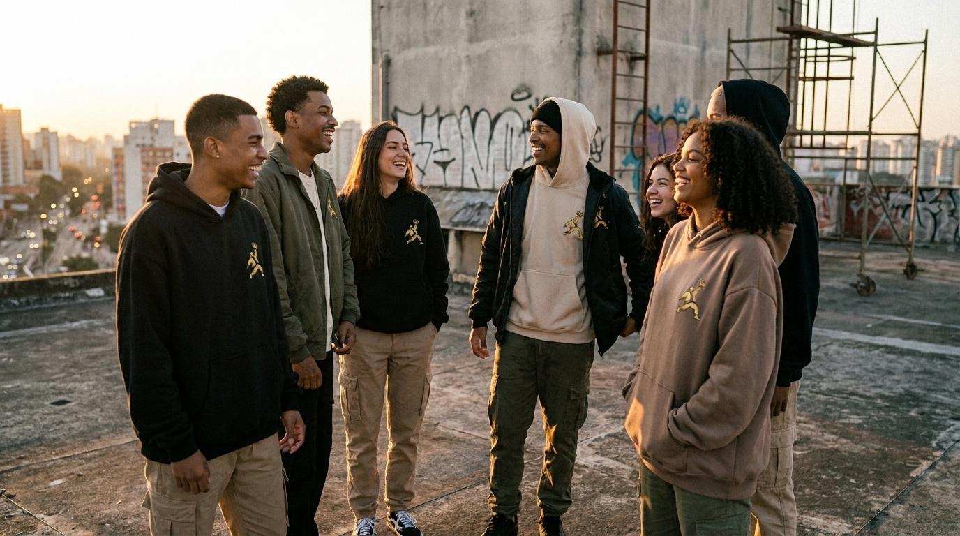 Campanha streetwear em rooftop com luz dourada e styling casual premium.